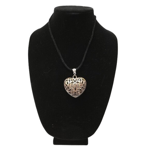 Hollow Ornate Heart Pendant Silver Necklace Fabric Cord Band Boho Oversized - Picture 2 of 6